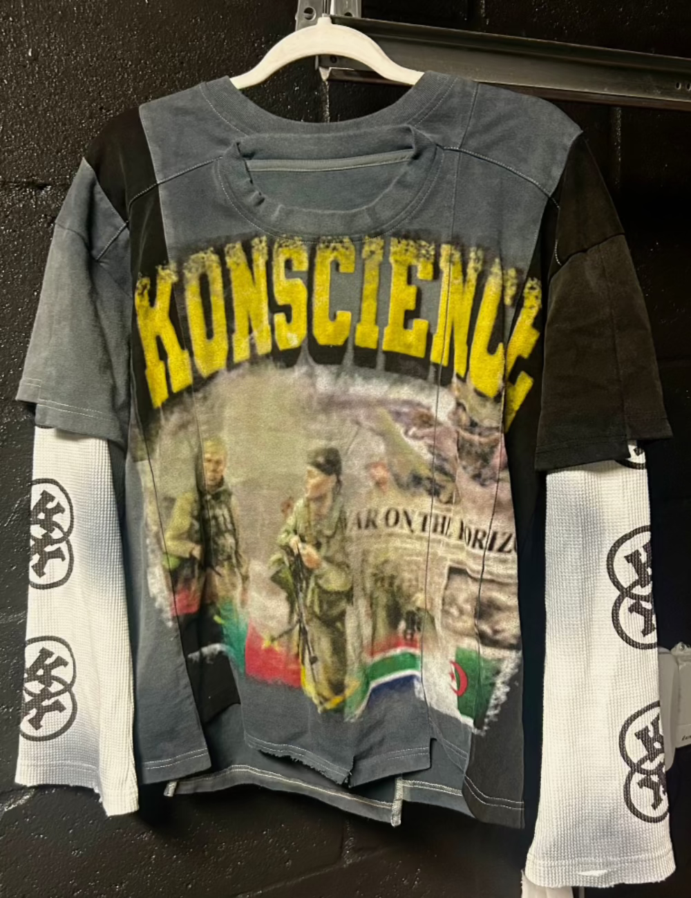 Army Fatigue Longs Sleeve Unisex Streetwear Graphic Boxy Fit Paneled Uneven Hem Double Collar Organic Cotton Long Sleeve